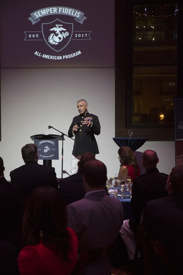 Major General Paul Kennedy announces a new Marine Corps Recruiting Command initiative called the Semper Fidelis All-American Program during the Marine Corps Recruiting Command Kick-Off Banquet at The Bell Tower in Nashville, Tenn., Sept. 9, 2016. The new program is an evolution of the previously executed Semper Fidelis Football Program, which will send one man and woman from each of the Marine Corps’ 48 Recruiting Stations to the Battles Won Academy in Washington D.C. where they will earn the title Semper Fidelis All-American, next summer. For more information on the Semper Fidelis All-American Program and its Battles Won Academy, please visit sfaap.marines.com. The banquet was a part of Marine Week, a celebration of Community, Country and Corps that allows the public to learn about the Corps through hands-on static displays, live demonstrations, time-honored Marine Corps traditions, musical performances and more. Kennedy currently serves as the Commanding General of Marine Corps Recruiting Command.