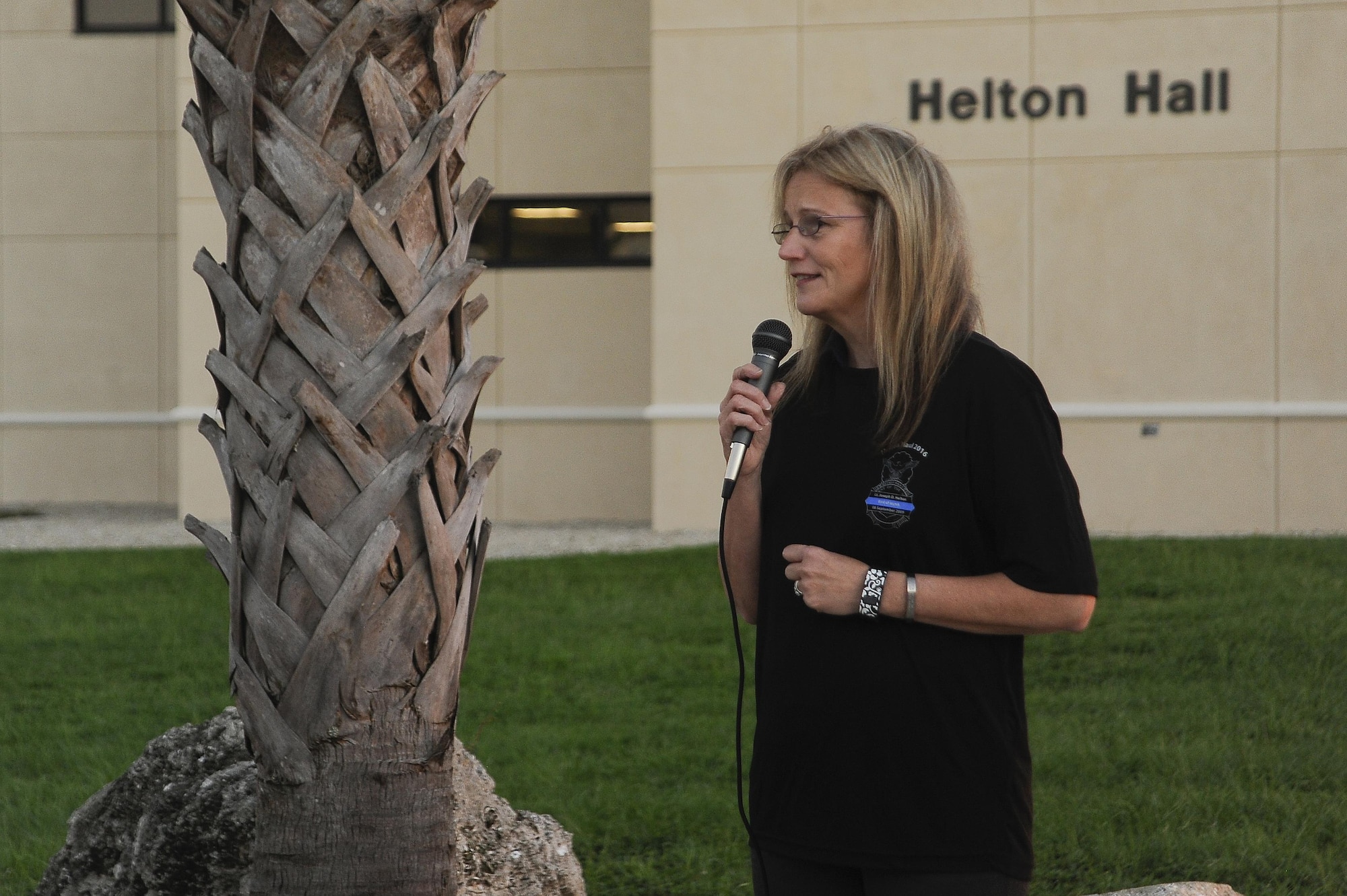 First Lieutenant Joseph D. Helton’s mother, Jiffy, speaks at the 6th Annual Helton Hall Memorial Run at MacDill Air Force Base, Fla., Sept. 8, 2016. The annual run is held in memory of Helton, a security forces officer assigned to the 6th Security Forces Squadron, who was killed during his deployment to Iraq in 2009. (U.S. Air Force photo by Airman 1st Class Mariette Adams)
