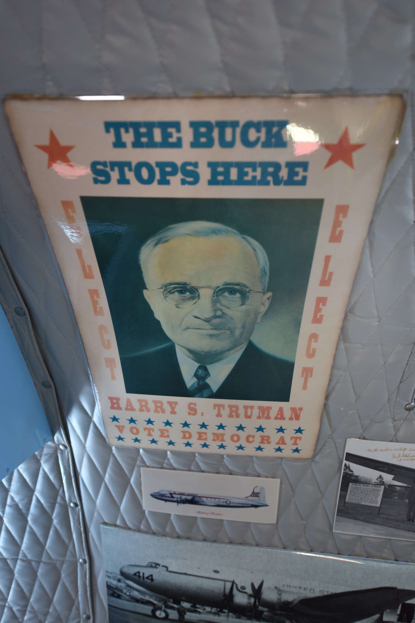 An old election poster hangs inside a C-54E Skymaster named “Spirit of Freedom” at the Great Falls International Airport, Sept. 9, 2016. The Spirit of Freedom is a flying museum being flown all over the country by members of the Berlin Airlift Historical Foundation to help raise awareness of the Berlin Airlift. The airlift was a mission that saved nearly 2.4 million Germans from the Soviet-controlled East Berlin in the late 1940s and this is one of the only flight-worthy C-54s remaining in the world. (U.S. Air Force photo/Tech. Sgt. Chad Thompson)