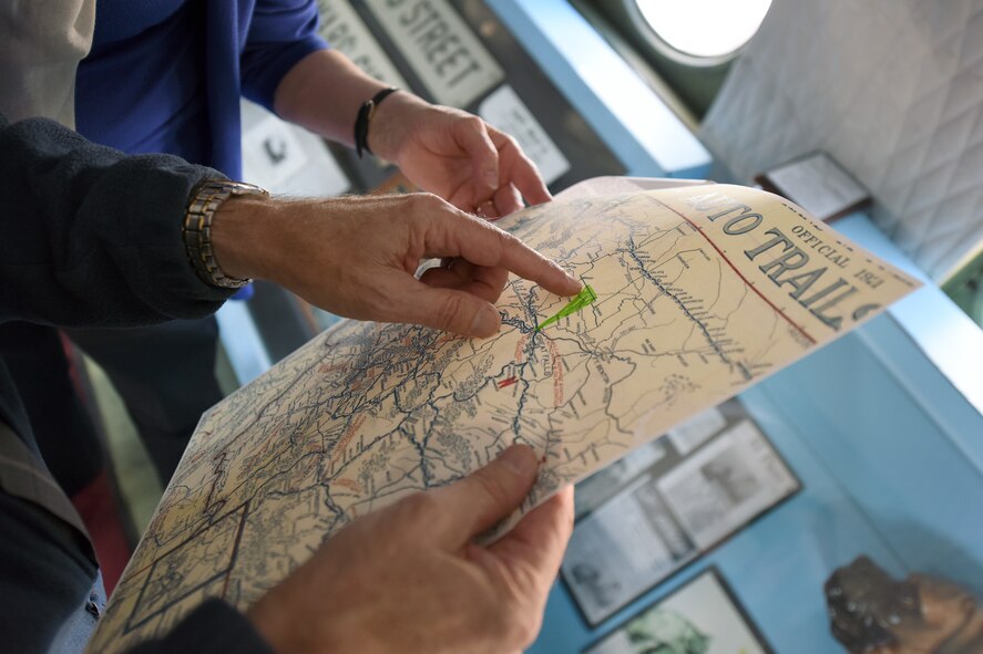 Jim Meinert, executive director of The History Museum in Great Falls, shows the historic route a C-54E Skymaster named “Spirit of Freedom” will fly over Great Falls, Mont., Sept. 9, 2016. The Spirit of Freedom flew a historic route that C-54 pilots and crews used for training in preparation for the Berlin Airlift. (U.S. Air Force photo/Tech. Sgt. Chad Thompson)