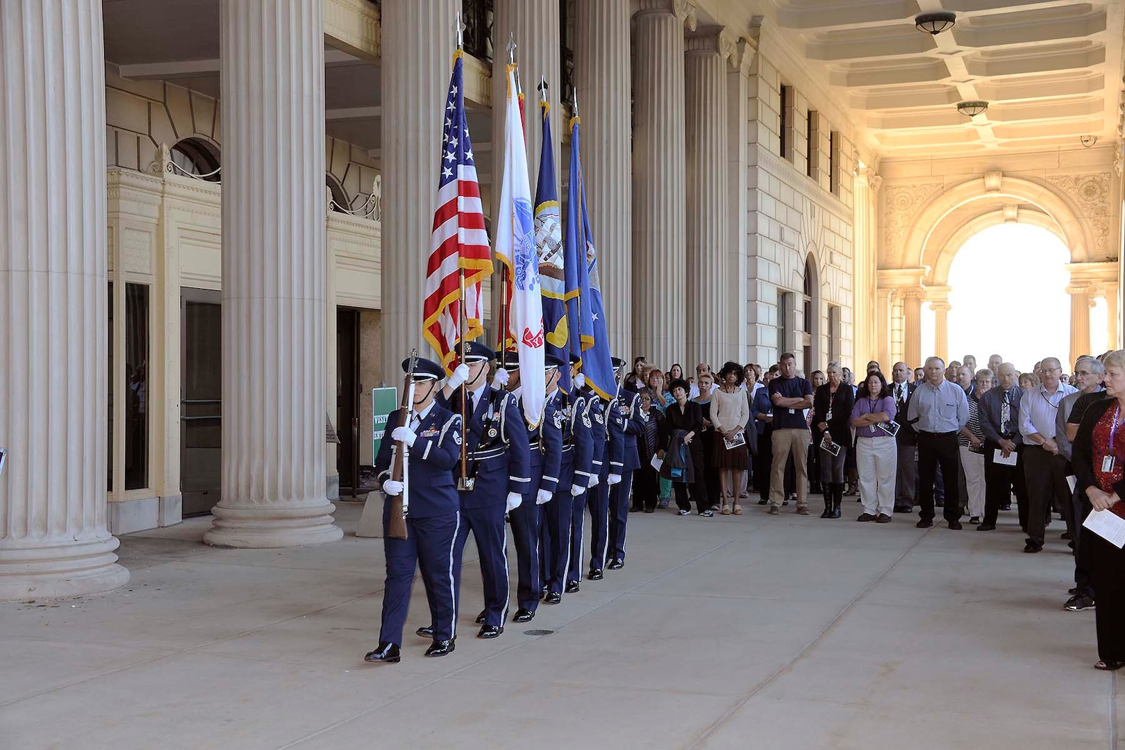 The Michigan Air National Guard’s 110th Air Wing Honor Guard presents the colors at the Patriot Day event.