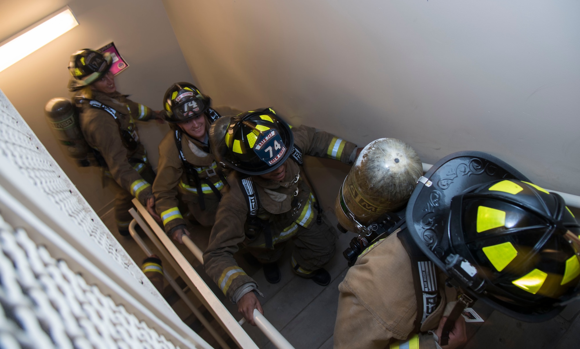 Participants of the 2016 National Capital Region 9/11 Memorial Stair Climb and 5K Walk climb the stairs of the Gaylord National Resort and Convention Center at National Harbor, Md., Sept. 10, 2016. More than 600 members of the local community, including approximately 21 of Joint Base Andrews’ own, attended the event to climb 110 flights of stairs in honor of the firefighters who lost their lives in the terrorist attacks on Sept. 11, 2011. Attendees wore a variety of ensembles, ranging from shorts and t-shirts, to full 90-pound firefighter’s gear. (U.S. Air Force photo by Airman 1st Class Valentina Lopez)