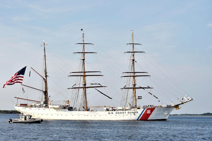 The tall ship, USCGC Eagle, sails along the Cooper River in Charleston, South Carolina, Sept. 9, 2016. The Eagle offers future Coast Guard officers the opportunity to practice navigation, engineering and leadership duties performed by junior officers. A permanent crew of eight officers and 50 enlisted personnel maintain the ship throughout the year. (U.S. Air Force Photo/Airman Megan Munoz)