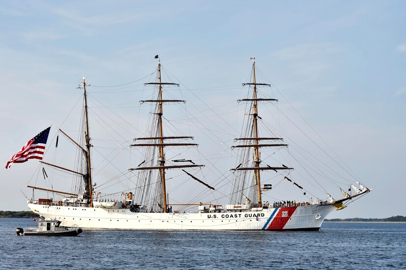 The tall ship, USCGC Eagle, sails along the Cooper River in Charleston, South Carolina, Sept. 9, 2016. The Eagle offers future Coast Guard officers the opportunity to practice navigation, engineering and leadership duties performed by junior officers. A permanent crew of eight officers and 50 enlisted personnel maintain the ship throughout the year. (U.S. Air Force Photo/Airman Megan Munoz)
