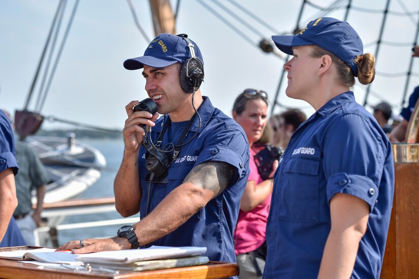 Coast Guard officer candidates with the tall ship, USCGC Eagle, steer the ship down the Cooper River in Charleston, South Carolina, Sept. 9, 2016. The Eagle offers future Coast Guard officers the opportunity to practice navigation, engineering and leadership duties performed by junior officers. A permanent crew of eight officers and 50 enlisted personnel maintain the ship throughout the year. (U.S. Air Force Photo/Airman Megan Munoz)