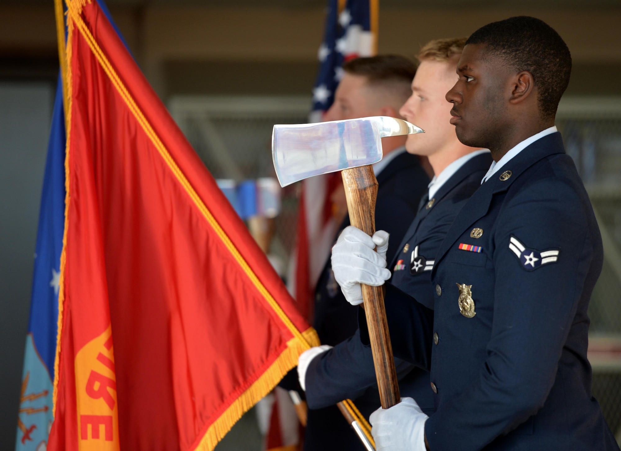 Tyndall’s firefighter honor guard presents the colors during the 9/11 Remembrance Ceremony at Fire Station 1, Tyndall Air Force Base, Fla., Sept. 11, 2016. The ceremony began at 7:46 a.m., the time the first plane collided with the north World Trade Center tower on Sept. 11, 2001. (U.S. Air Force photo by Tech. Sgt. Javier Cruz/Released)