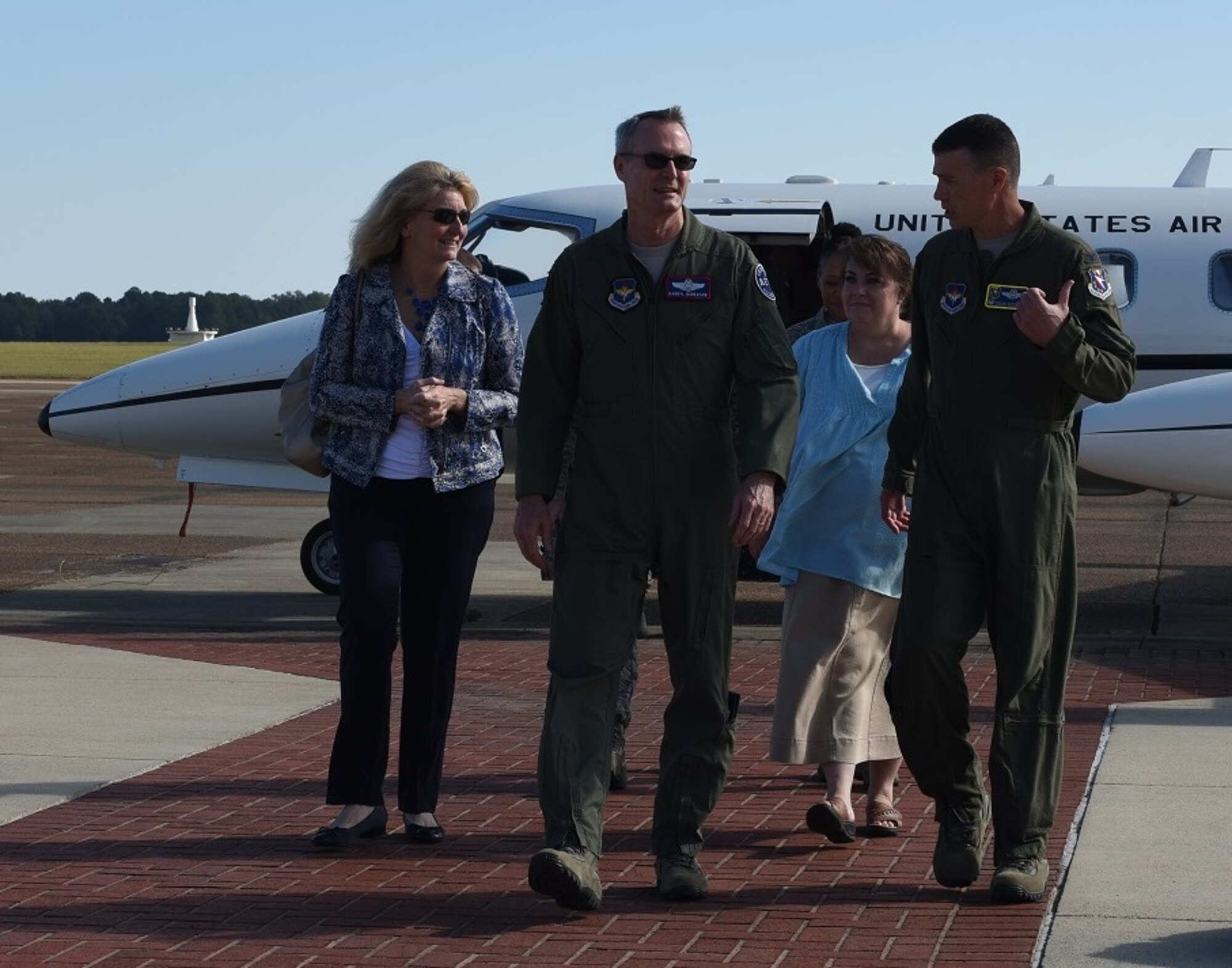 Lt. Gen. Darryl Roberson, commander of Air Education and Training Command, speaks with Col. Douglas Gosney, 14th Flying Training Wing Commander, Sept. 12, 2016 at Columbus Air Force Base, Mississippi. (U.S. Air Force photo/Elizabeth Owens)