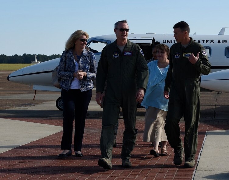 Lt. Gen. Darryl Roberson, commander of Air Education and Training Command, speaks with Col. Douglas Gosney, 14th Flying Training Wing Commander, Sept. 12, 2016 at Columbus Air Force Base, Mississippi. (U.S. Air Force photo/Elizabeth Owens)