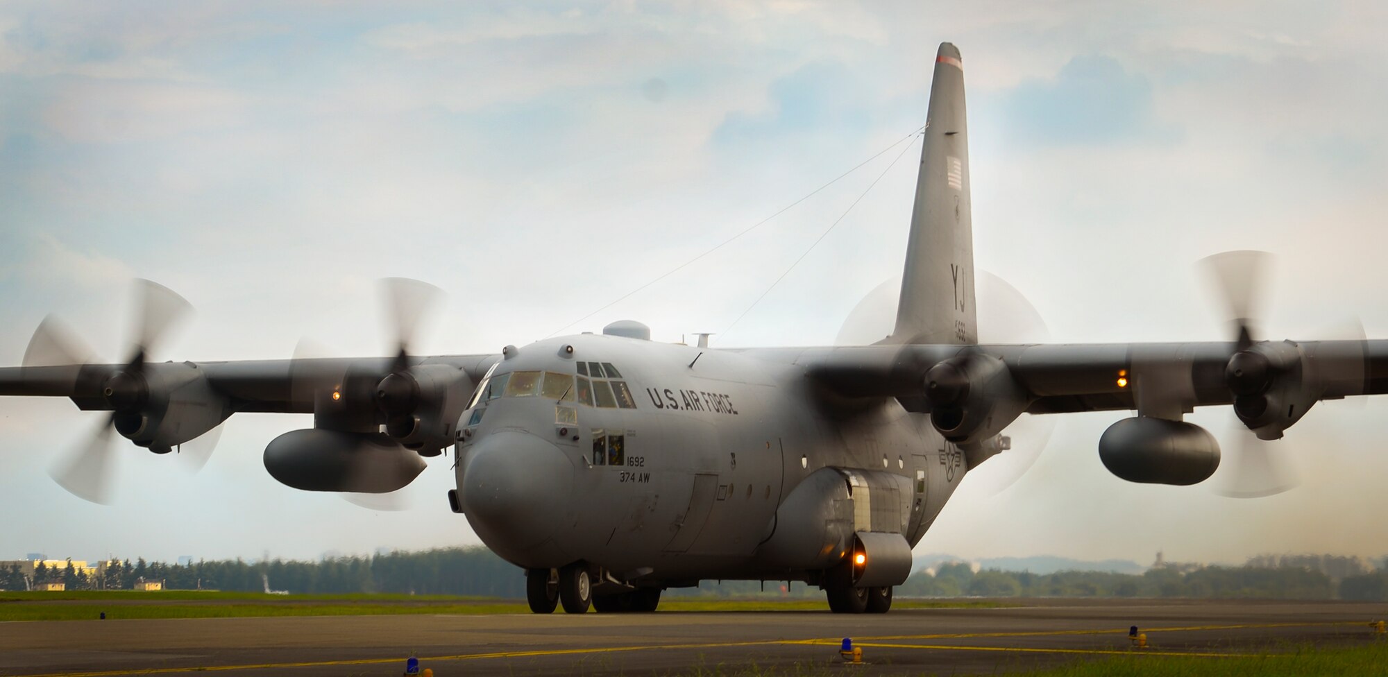 A C-130 Hercules assigned to the 36th Airlift Squadron taxis for takeoff at Yokota Air Base, Japan, Sep. 7, 2016. Yokota’s C-130s continue to conduct theater airlift in support of Pacific Command, which has been the 374th Airlift Wing’s primary mission since the mid-1970s. (U.S. Air Force Photo by Airman 1st Class Baker/Released)