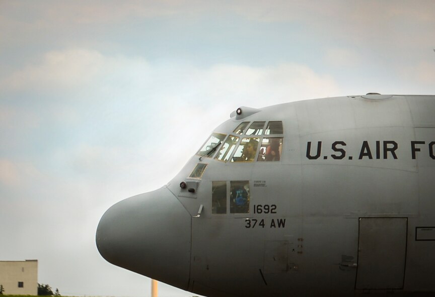 A C-130 Hercules assigned to the 36th Airlift Squadron taxis for takeoff at Yokota Air Base, Japan, Sep. 7, 2016. Yokota’s C-130s support the largest geographic area of any combatant command, which spans approximately 50 percent of the world’s surface. (U.S. Air Force Photo by Airman 1st Class Baker/Released)