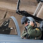 1st Lt. James Chambers, 67th Fighter Squadron pilot, conducts pre-flight preparations Sept. 9, 2016, at Kadena Air Base, Japan. The 67th FS prepared more than 20 F-15s to support Exercise Valiant Shield in Guam. (U.S. Air Force photo by Senior Airman Lynette M. Rolen)