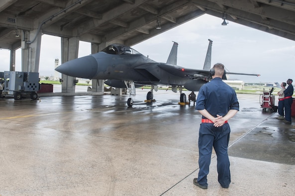 U.S. Air Force Airman 1st Class Dennis Hatcher, a 18th Aircraft Maintenance Squadron crew chief, prepares to guide an F-15 Eagle at Kadena Air Base, Japan, Sept. 9, 2016. F-15 Eagles departed from Kadena in support of Exercise Valiant Shield. Valiant Shield is a joint exercise between the U.S. armed forces which focuses on maintaining land, air, sea and cyberspace dominance in the Pacific. (U.S. Air Force photo by Senior Airman Lynette M. Rolen)