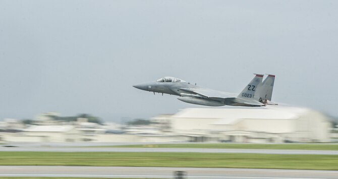 A U.S. Air Force F-15 Eagle assigned to the 67th Fighter Squadron takes off from the flightline on Kadena Air Base, Japan, Sept. 9, 2016. Kadena is the Keystone of the Pacific, with F-15s capable of supporting multiple missions and exercises throughout the Pacific area of responsibility. (U.S. Air Force photo by Senior Airman Lynette M. Rolen)