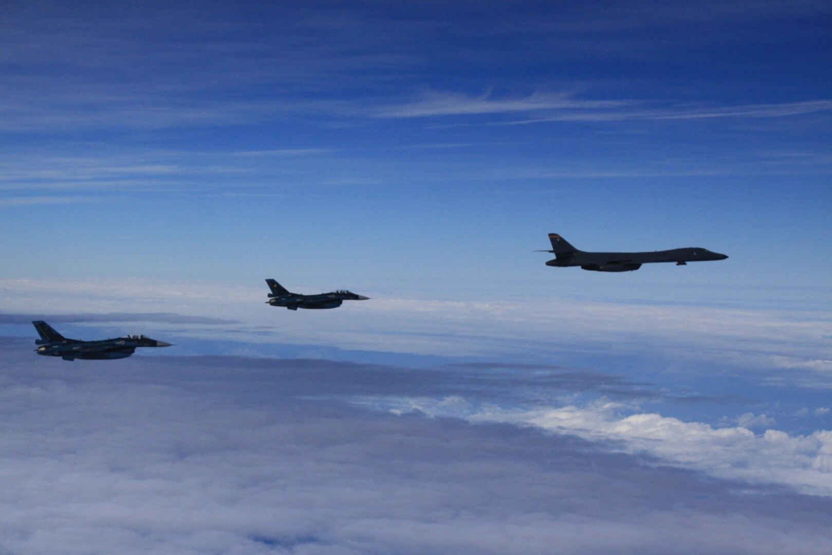 OSAN AIR BASE, Republic of Korea -- Today, two U.S. Air Force B-1B strategic bombers from Andersen Air Force Base, Guam, conducted training with fighter aircraft from the Japan Air Self Defense Force (JASDF) and a low-level flight with fighter aircraft from the Republic of Korea (ROK) and the United States, in response to the recent nuclear test by North Korea.  (Courtesy Photo by U.S. Forces Korea/Released)