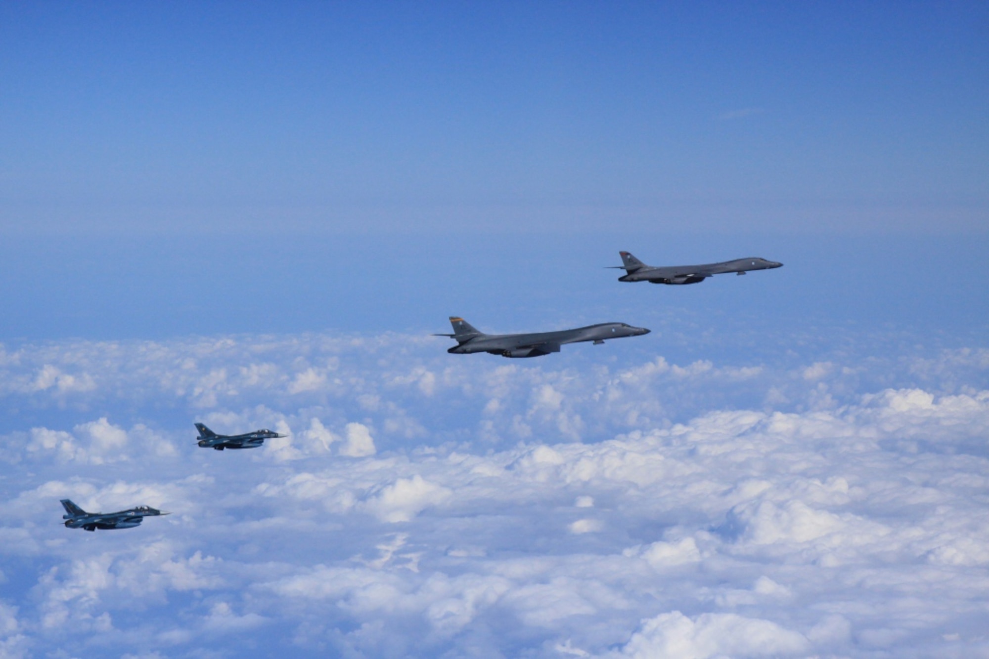 OSAN AIR BASE, Republic of Korea -- Today, two U.S. Air Force B-1B strategic bombers from Andersen Air Force Base, Guam, conducted training with fighter aircraft from the Japan Air Self Defense Force (JASDF) and a low-level flight with fighter aircraft from the Republic of Korea (ROK) and the United States, in response to the recent nuclear test by North Korea.  (Courtesy Photo by U.S. Forces Korea/Released)