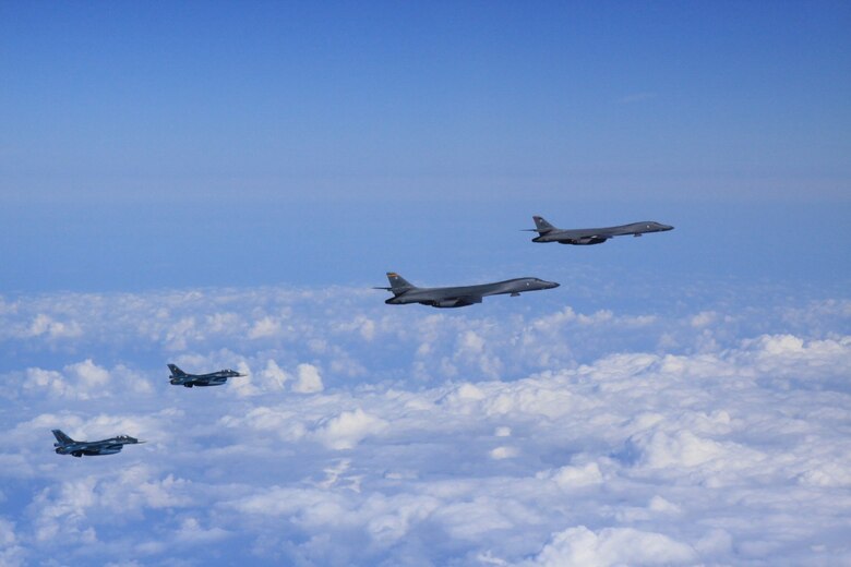 OSAN AIR BASE, Republic of Korea -- Today, two U.S. Air Force B-1B strategic bombers from Andersen Air Force Base, Guam, conducted training with fighter aircraft from the Japan Air Self Defense Force (JASDF) and a low-level flight with fighter aircraft from the Republic of Korea (ROK) and the United States, in response to the recent nuclear test by North Korea.  (Courtesy Photo by U.S. Forces Korea/Released)