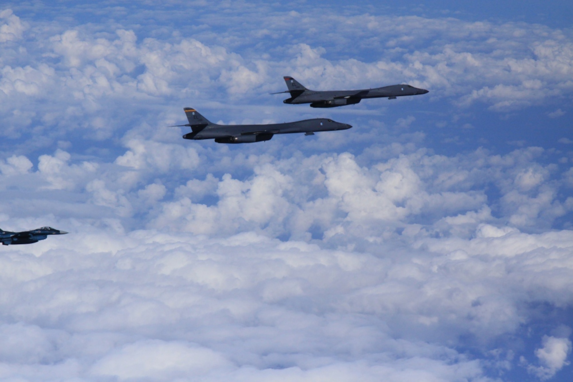 OSAN AIR BASE, Republic of Korea -- Today, two U.S. Air Force B-1B strategic bombers from Andersen Air Force Base, Guam, conducted training with fighter aircraft from the Japan Air Self Defense Force (JASDF) and a low-level flight with fighter aircraft from the Republic of Korea (ROK) and the United States, in response to the recent nuclear test by North Korea.  (Courtesy Photo by U.S. Forces Korea/Released)