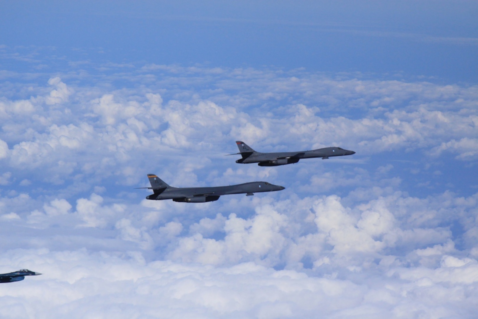 OSAN AIR BASE, Republic of Korea -- Today, two U.S. Air Force B-1B strategic bombers from Andersen Air Force Base, Guam, conducted training with fighter aircraft from the Japan Air Self Defense Force (JASDF) and a low-level flight with fighter aircraft from the Republic of Korea (ROK) and the United States, in response to the recent nuclear test by North Korea.  (Courtesy Photo by U.S. Forces Korea/Released)