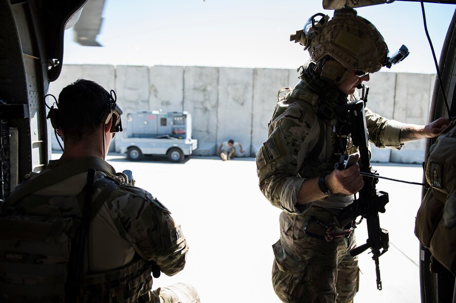 Pararescuemen assigned to the 83rd Expeditionary Rescue Squadron, prepare for a training mission at Bagram Air Field, Afghanistan, Sept. 6, 2016. Airmen from the 83rd ERQS, provided personnel recovery scenario training to the Afghan Air Force's A-29 pilots.
(U.S. Air Force photo/Tech. Sgt. Larry E. Reid Jr., Released)