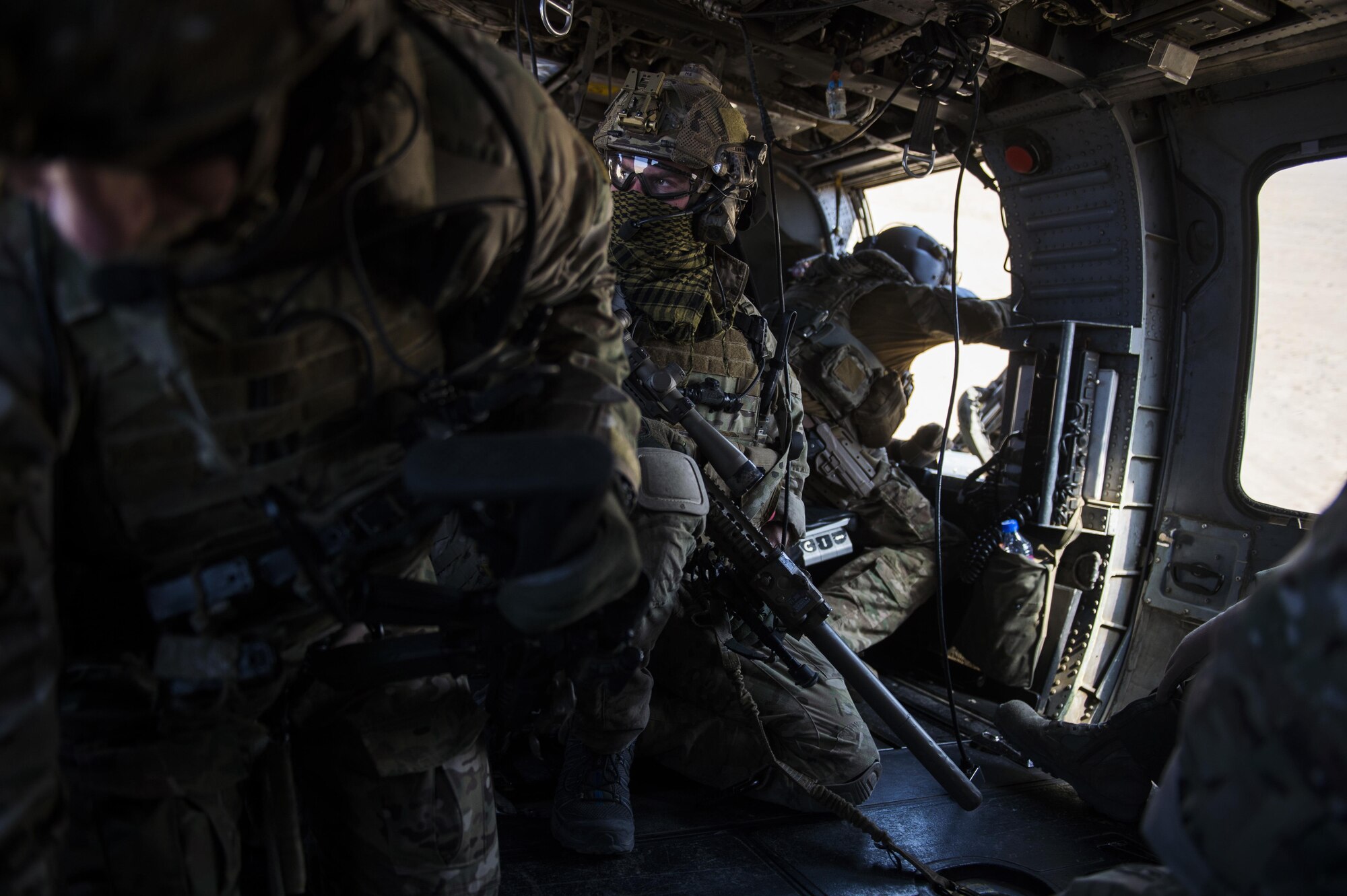 Pararescuemen assigned to the 83rd Expeditionary Rescue Squadron, takes off after securing their downed Afghan Air Force pilot during a training mission near Kabul, Afghanistan, Sept. 6, 2016. Airmen from the 83rd ERQS, provided personnel recovery scenario training to the Afghan Air Force's A-29 pilots.
(U.S. Air Force photo/Tech. Sgt. Larry E. Reid Jr., Released)