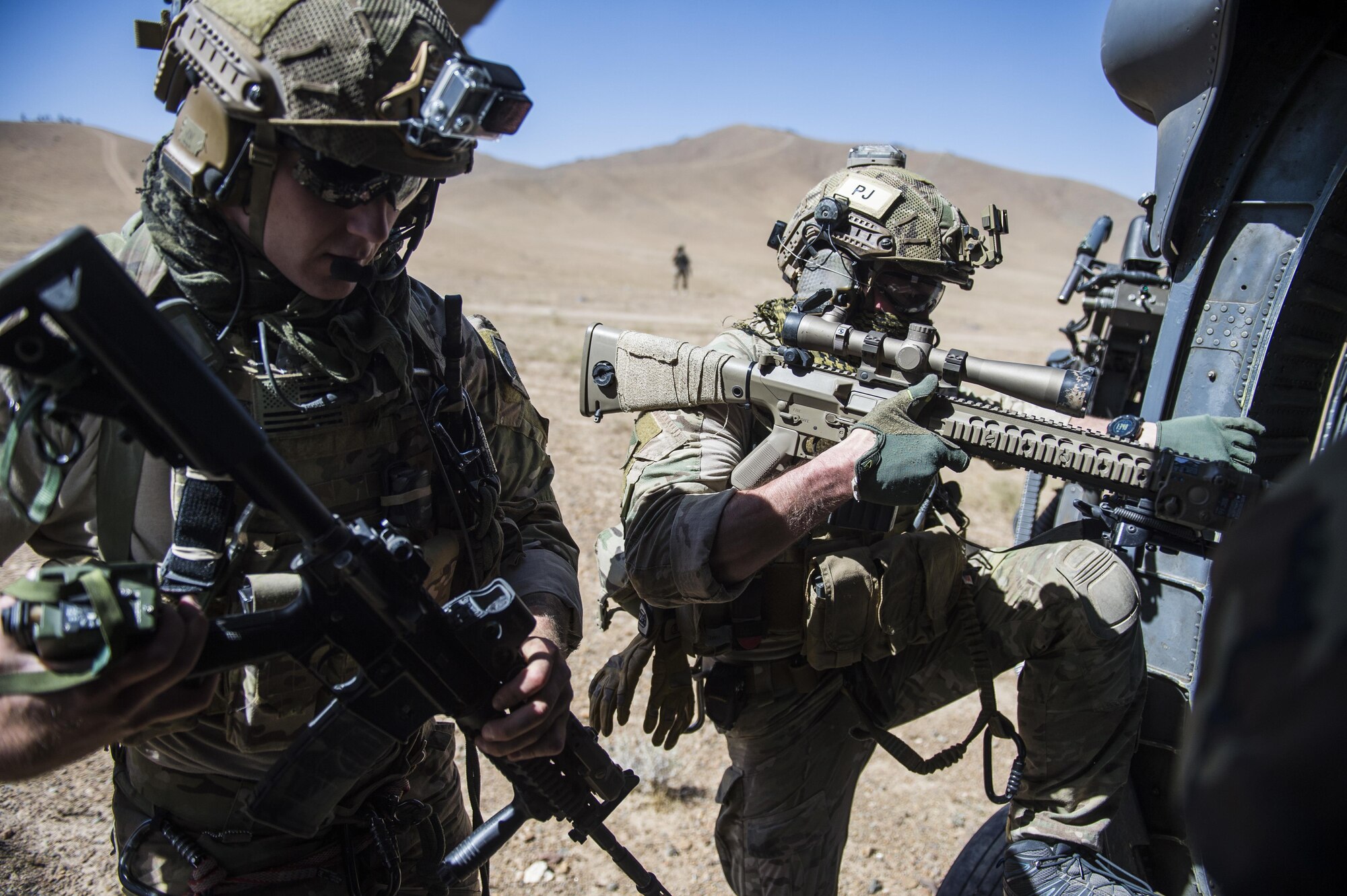 Pararescuemen assigned to the 83rd Expeditionary Rescue Squadron, enter their HH-60G Pave Hawk after the recovery of a downed Afghan Air Force pilot during a training mission near Kabul, Afghanistan, Sept. 6, 2016. Airmen from the 83rd ERQS, provided personnel recovery scenario training to the Afghan Air Force's A-29 pilots.
(U.S. Air Force photo/Tech. Sgt. Larry E. Reid Jr., Released)