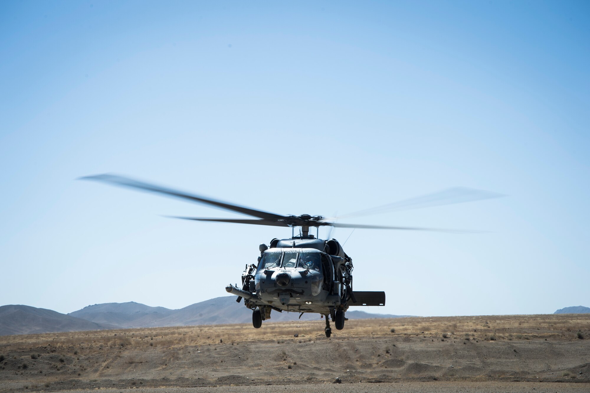 An HH-60 Pave Hawk assigned to the 83rd Expeditionary Rescue Squadron, prepare to take off during a training mission near Kabul, Afghanistan, Sept. 6, 2016. Airmen from the 83rd ERQS, provided personnel recovery scenario training to the Afghan Air Force's A-29 pilots.
(U.S. Air Force photo/Tech. Sgt. Larry E. Reid Jr., Released)
