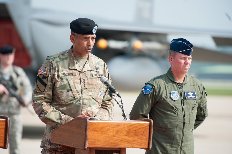 U.S. Army Gen. Vincent K. Brooks, U.S. Forces Korea commander, flanked by U.S. Air Force Lt. Gen. Thomas Bergeson, 7th Air Force commander, speaks during a press conference following a flyover in response to recent provocative action by North Korea, Sept. 13, 2016, at Osan Air Base, ROK. Two U.S. Air Force B-1B Lancers from Andersen Air Force Base, Guam, were joined by Republic of Korean F-15K Slam Eagles and U.S. Air Force F-16 Fighting Falcons during the flyover. The close military cooperation between the U.S. and ROK keeps us ready to respond at any time to those who would threaten stability and security. (U.S. Air Force photo by Staff Sgt. Jonathan Steffen)