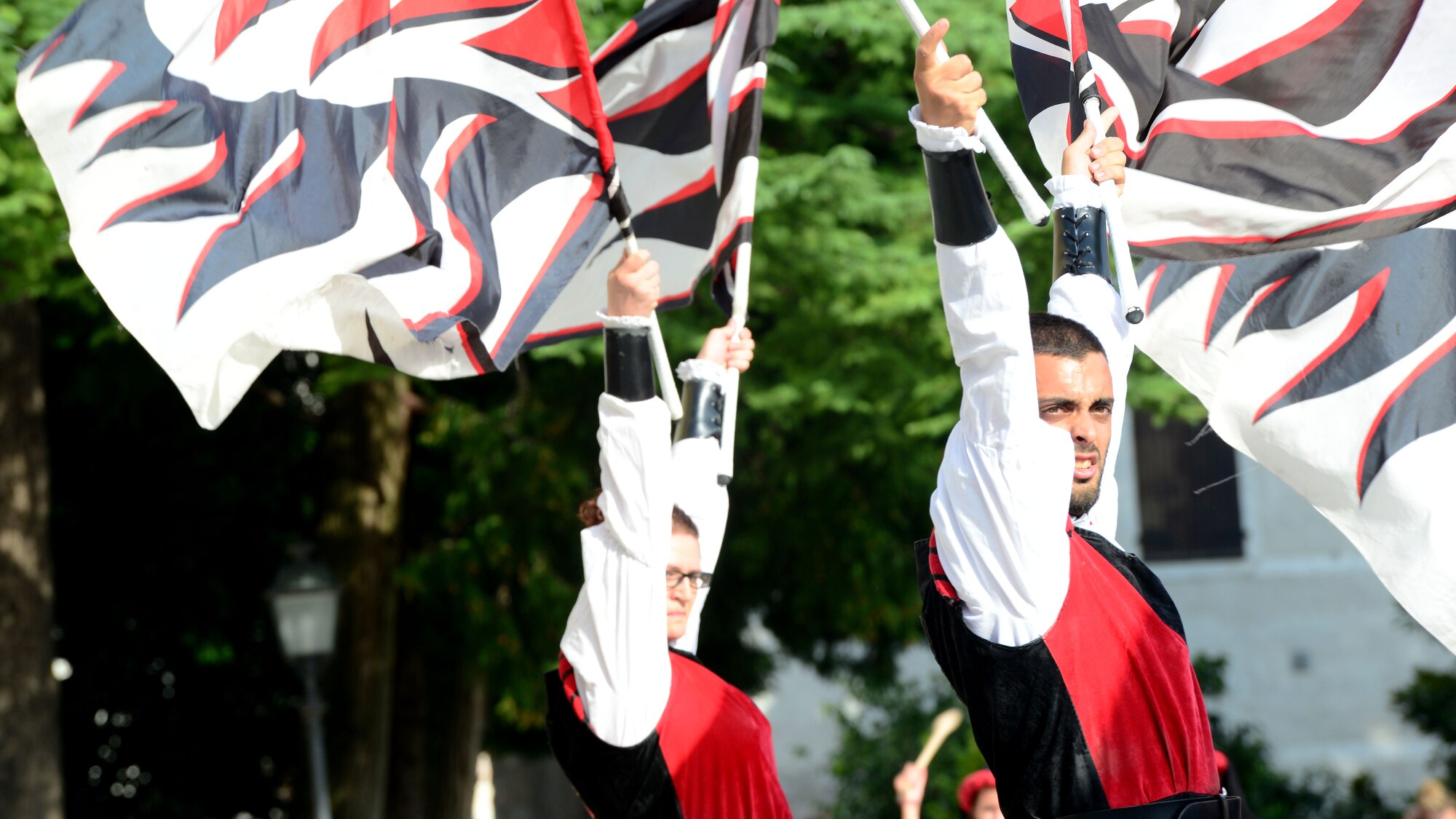 Flag bearers reenact a medieval parade routine during the 15th Annual Italian-American Friendship Festival in Spilimbergo, Italy on Sept. 10, 2016. The parade was one of several festival events, hosted by the city, to bring Italians and Americans together. (U.S. Air Force photo by Tech. Sgt. R.J. Biermann/Released)