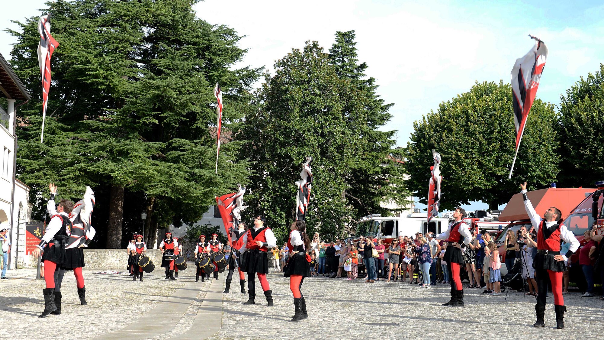 Flag bearers reenact a medieval parade routine during the 15th Annual Italian-American Friendship Festival in Spilimbergo, Italy on Sept. 10, 2016. The parade was one of several festival events hosted by the city to bring Italians and Americans together. (U.S. Air Force photo by Tech. Sgt. R.J. Biermann/Released)