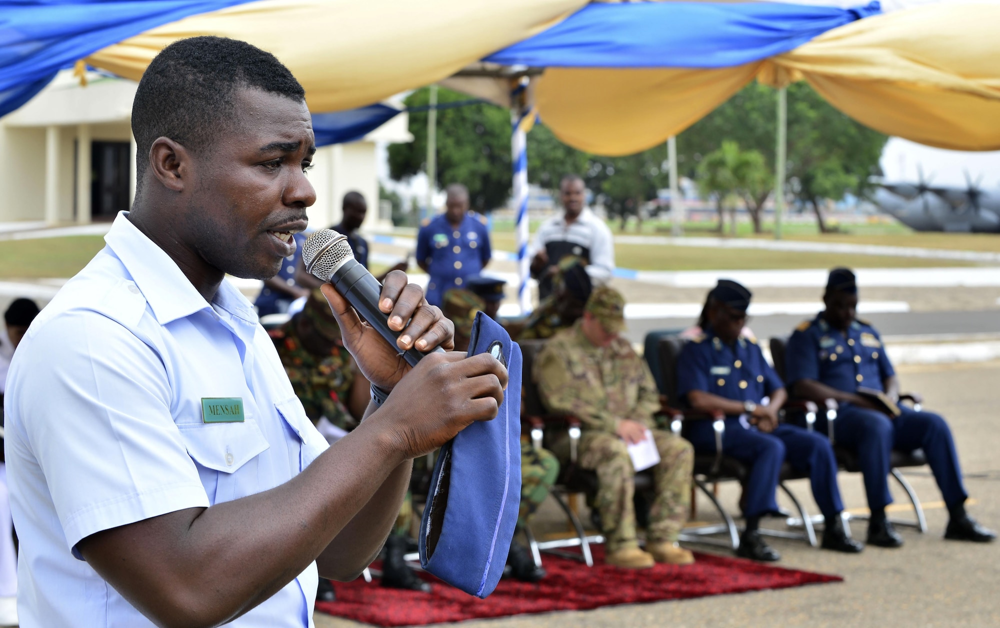 A Ghanaian airman gives an invocation during the opening ceremony of African Flight Partnership in Accra Air Base, Ghana, Sept. 12, 2016. APF is a premier program for delivering aviation security cooperation to African partners. (U.S. Air Force photo by Staff Sgt. Stephanie Longoria)