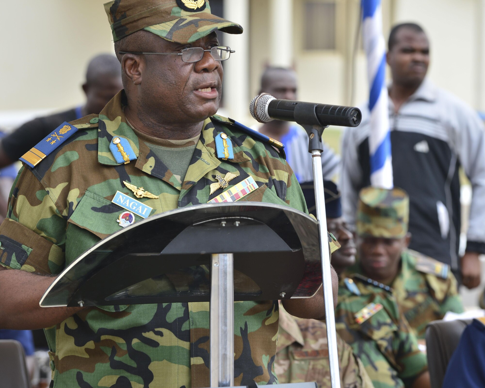 Ghanaian Air Advice Marshal Maxwell Nagai, welcomes African Partnership Flight participates to Accra Air Base, Ghana, during the opening ceremony Sept. 12, 2016. APF is a multi-lateral military-to-military engagement that enhances regional cooperation, increase interoperability and builds aviation capacity. (U.S. Air Force photo by Staff Sgt. Stephanie Longoria)
