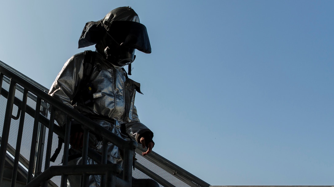 A U.S. Marine conducts a 9/11 Memorial Stair Climb at Marine Corps Air Station Iwakuni, Japan, Sept. 9, 2016. Participants climbed six floors multiple times for a total of 110 floors while empty handed or carrying a fire hose, simulated casualty or firefighting gear. Pictures lined the walls of the sixth floor to provide examples and visuals of the attacks. 