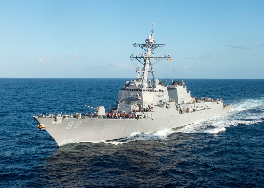 The destroyer USS Preble approaches the amphibious assault ship USS Bonhomme Richard for replenishment at sea, June 21, 2015. Bonhomme Richard is the lead ship of the Bonhomme Richard Expeditionary Strike Group and was on patrol in the U.S. 7th Fleet area of operations. Navy photo by Petty Officer 3rd Class Taylor A. Elberg