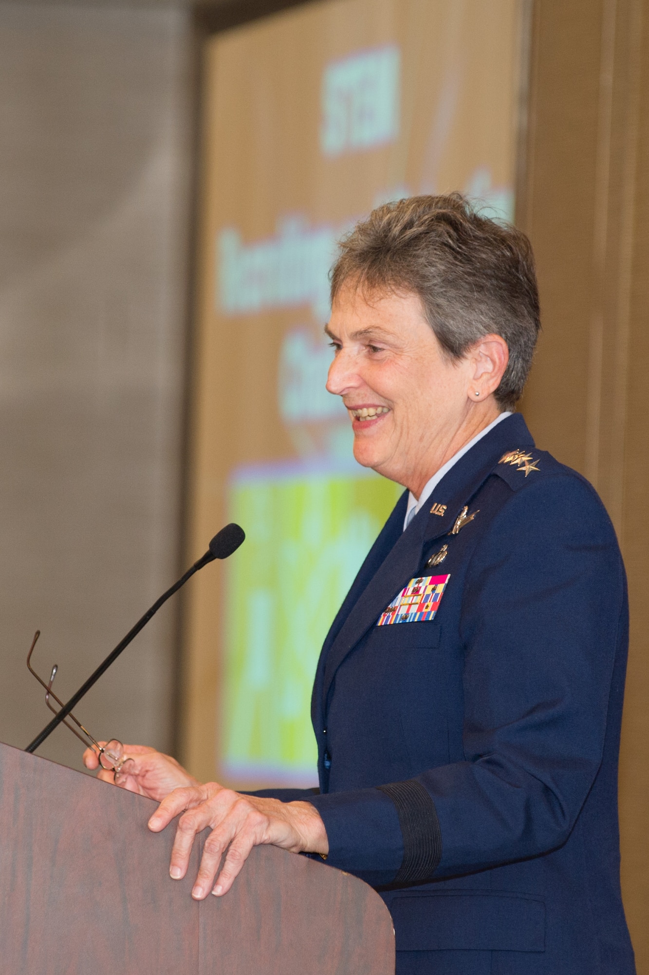 Gen. Ellen M. Pawlikowski, commander of Air Force
Materiel Command, delivers the keynote address at the 2016 Women in Science and Engineering Symposium at Patrick AFB, Fla., Sept. 7, 2016.  Pawlikowski was invited by the Air Force Technical Applications Center to address the 250-plus crowd to discuss diversity in the workplace, especially tailored to women in science, technology, engineering and math.  (U.S. Air Force photo by Ben Thacker)
