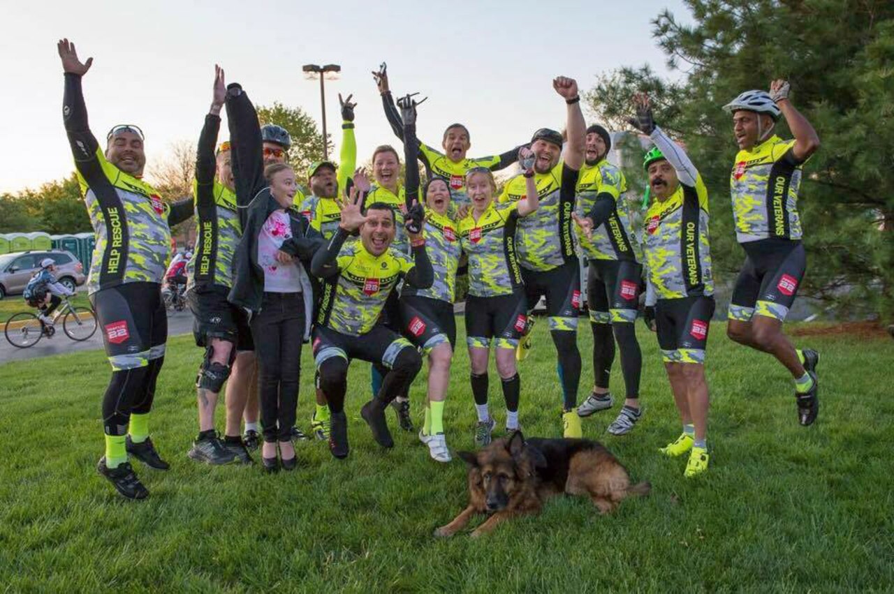The Rescue 22 team takes a moment to celebrate completing the first day of the two day, 110-mile ride from Arlington, Va., to Gettysburg, Pa., as part of the annual Face of America bike ride, April 25-26, 2015. Throughout the weekend, the veterans performed pushups and wore photos of fallen service members to raise awareness about suicide prevention. Courtesy photo