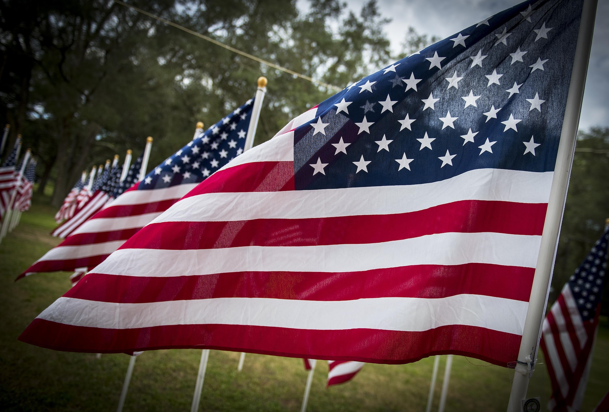 American Flags flap in the light breeze at the Field of Valor display in Niceville, Fla. Sept. 12. The display features 13 rows of 27 flags and one extra to create the field. Names of recently fallen military members, including 10 Airmen, adorn each of the approximately 352 American flags. The Field will be on display through Sept. 17 at the Mullet Festival grounds and is free to the public. (U.S. Air Force photo/Samuel King Jr.) 