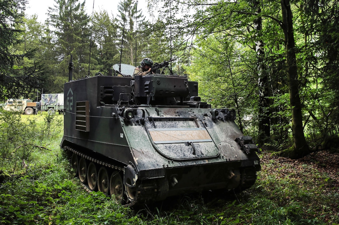 Soldiers provide security in an armored tactical vehicle during exercise Combined Resolve VII at Hohenfels, Germany, Sept. 4, 2016. Army photo by Sgt. Matthew Hulett