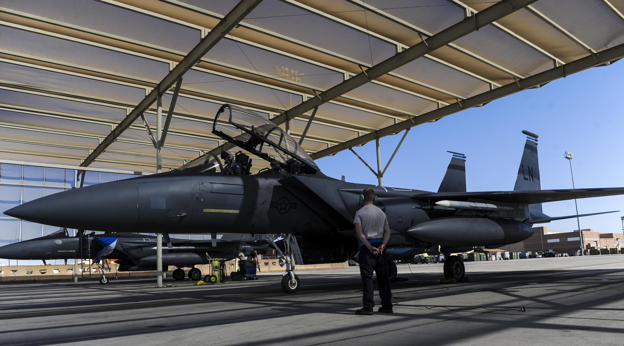 An F-15E Strike Eagle assigned to the 492nd Fighter Squadron, Royal Air Force Lakenheath, England, prepares to taxi before participating in Green Flag 16-09 on Nellis Air Force Base, Nev. Sept. 9, 2016. Green Flag is a realistic air-land integration combat training exercise involving the air forces of the United States and its allies that is primarily conducted in conjunction with the U.S. Army Combat Training Center. (U.S. Air Force photo by Airman 1st Class Kevin Tanenbaum/Released)