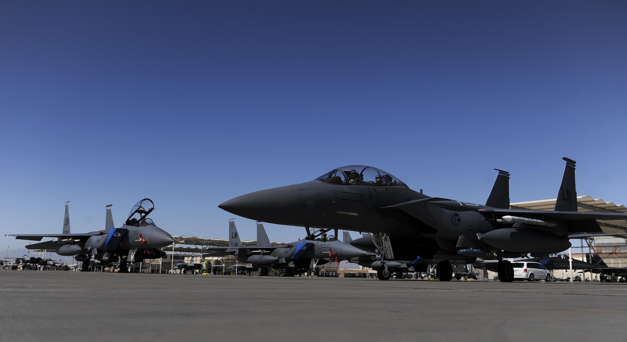 An F-15E Strike Eagle assigned to the 492nd Fighter Squadron, Royal Air Force Lakenheath, England, taxis before participating in Green Flag 16-9 at Nellis Air Force Base, Nev., Sept. 9, 2016. The 492nd FS is participating in a realistic air-land integration combat training exercise involving air forces of the U. S. and its allies. (U.S. Air Force photo by Airman 1st Class Kevin Tanenbaum/Released)