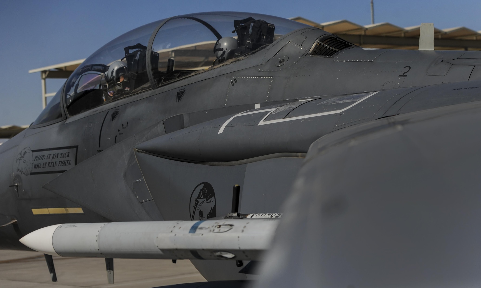 A pilot and weapons officer assigned to the 492nd Fighter Squadron, Royal Air Force Lakenheath, England, prepare an F-15E Strike Eagle to takeoff to participate in Green Flag 16-09 at Nellis Air Force Base, Nev., Sept. 9, 2016. On average, all four U.S. military services, including guard and reserve components, each participate in two Green Flag exercises each year. (U.S. Air Force photo by Airman 1st Class Kevin Tanenbaum/Released)