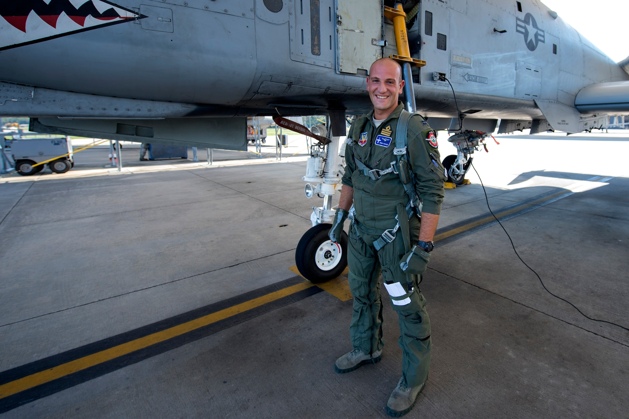 Italian exchange pilot Roberto Manzo, 74th Fighter Squadron training assistant, poses for a photo before flying, Aug. 25, 2016, at Moody Air Force Base, Ga. Manzo was raised in Rome, Italy and developed a desire to become a pilot after seeing jets fly for the first time. (U.S. Air Force photo by Airman 1st Class Janiqua P. Robinson)