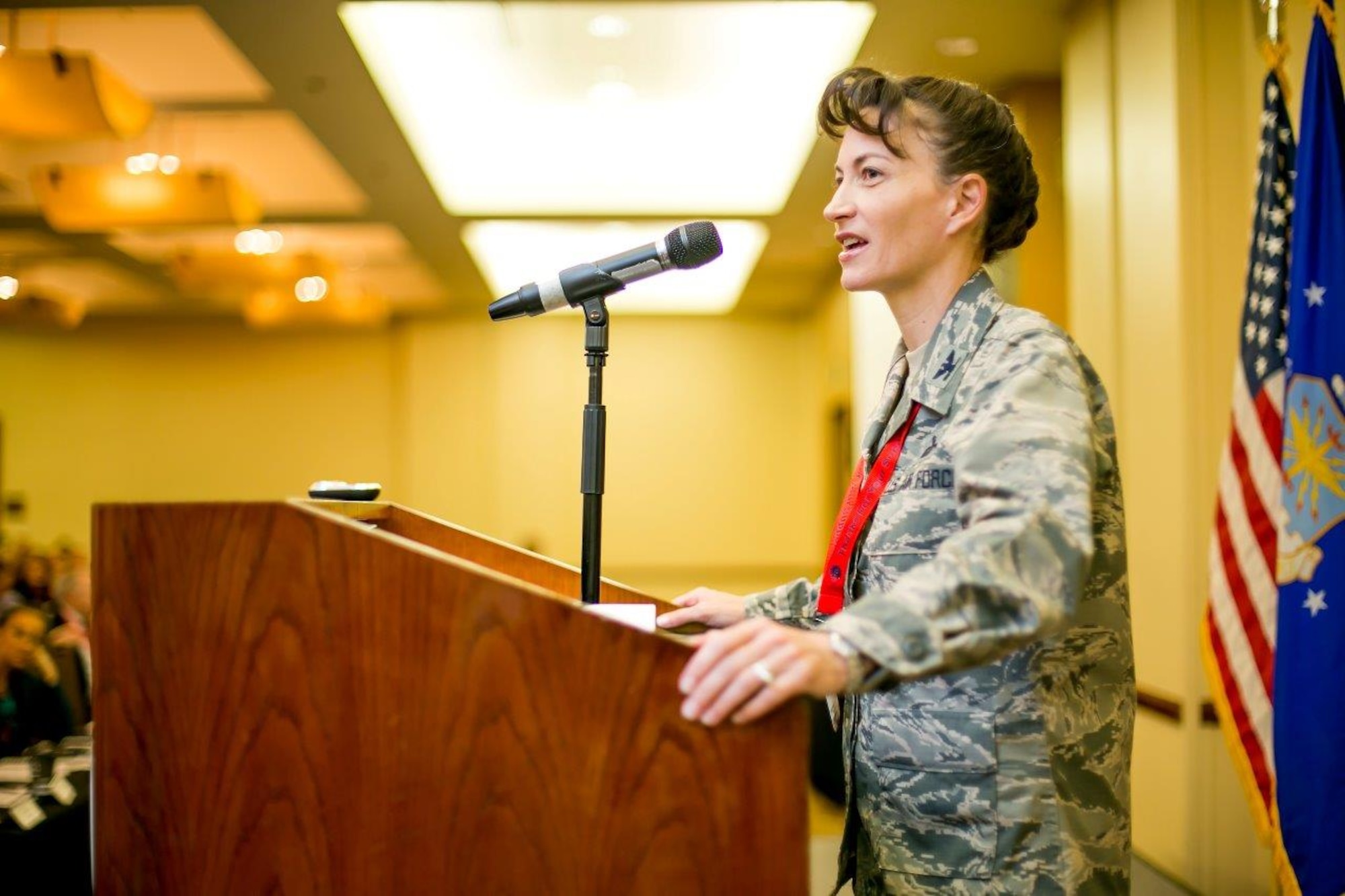 Col. Donna Turner, commander of the Air Force Services Activity, addresses the crowd during the Armed Forces Food and Beverage Training Seminar. (U.S. Air Force photo by Marcello Rodarte)