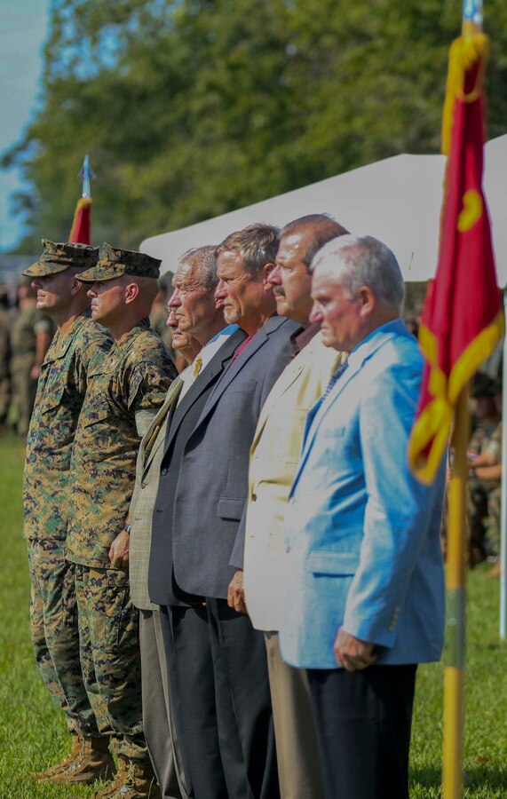 The current and previous Marine Corps Engineering School commanding officers stand together during the pass in review at Courthouse Bay on Marine Corps Base Camp Lejeune Sept 9. The mission of the Marine Corps Engineer School is to ingrain at the entry and supervisory level the skills needed for engineers to be prepared for the operating forces.