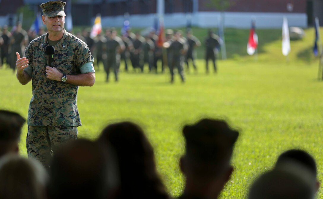 The mission of the Marine Corps Engineer School is to ingrain at the entry and supervisory level the skills needed for engineers to be prepared for the operating forcCol. Daniel P. O’Hora, the new Marine Corps Engineer School commanding officer, speaks on inheriting the legacy of the school and the gratitude he feels to those that helped him through-out his career at Courthouse Bay on Marine Corps Base Camp Lejeune, Sept. 9. The mission of the Marine Corps Engineer School is to ingrain at the entry and supervisory level the skills needed for engineers to be prepared for the operating forces.es.