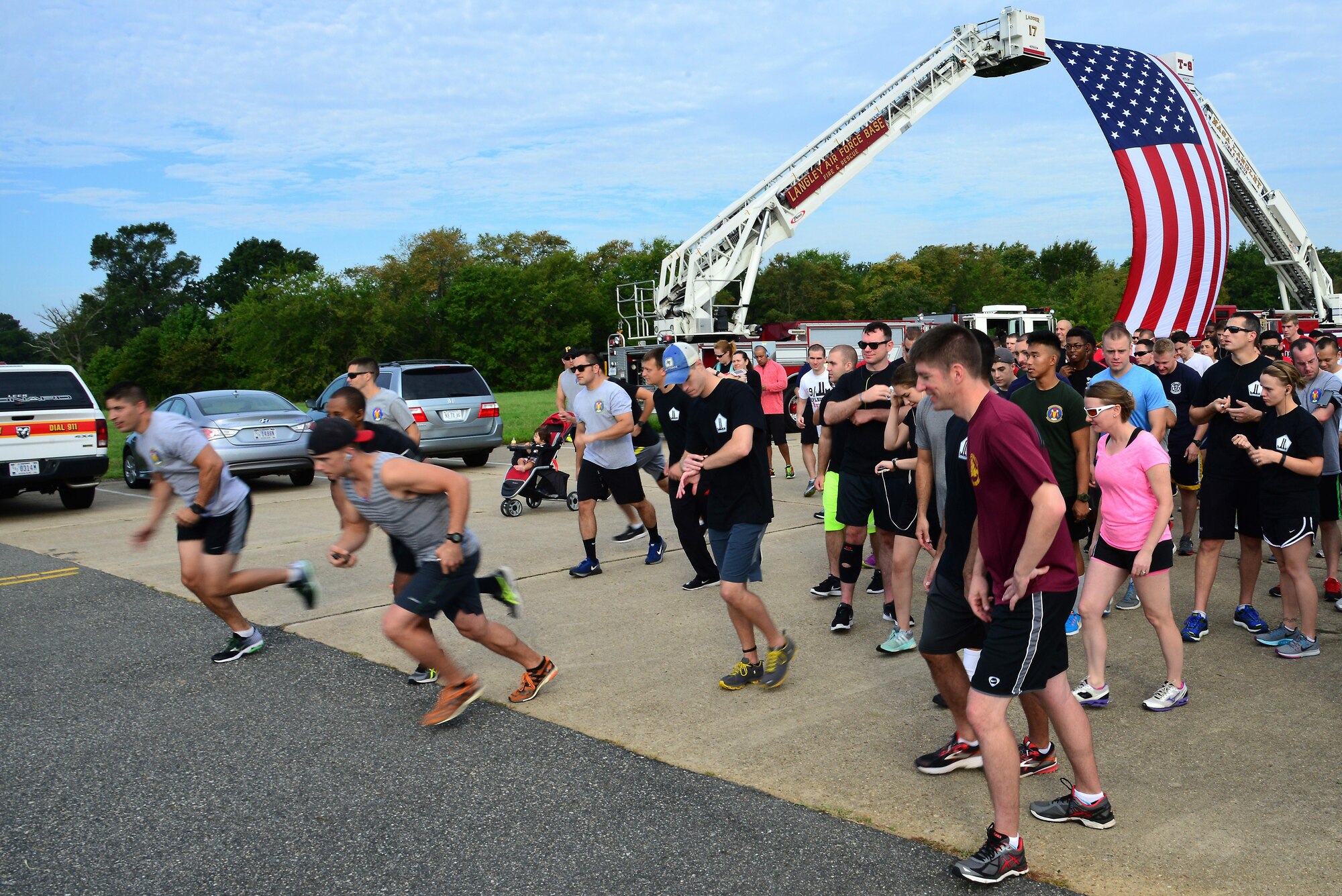 Participants at the 9/ 11 event finished the ceremony with a 5k at Joint Base Langley-Eustis, Va., Sept. 9, 2016. They ran to support and honor the public service members who paid the ultimate price on Sept. 11, 2001. (U.S. Air Force photo by Airman 1st Class Tristan Biese)