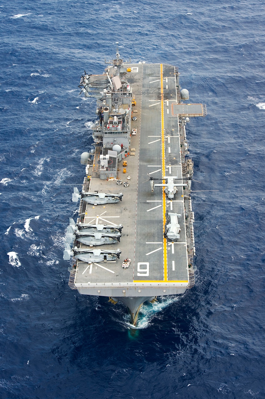Amphibious assault ship USS Bonhomme Richard (LHD 6) transits the waters during her fall deployment, Aug. 28, 2016. Bonhomme Richard, flagship of the Bonhomme Richard Expeditionary Strike Group, is operating in the U.S. 7th Fleet area of operations in support of security and stability in the Indo-Asia-Pacific region.
