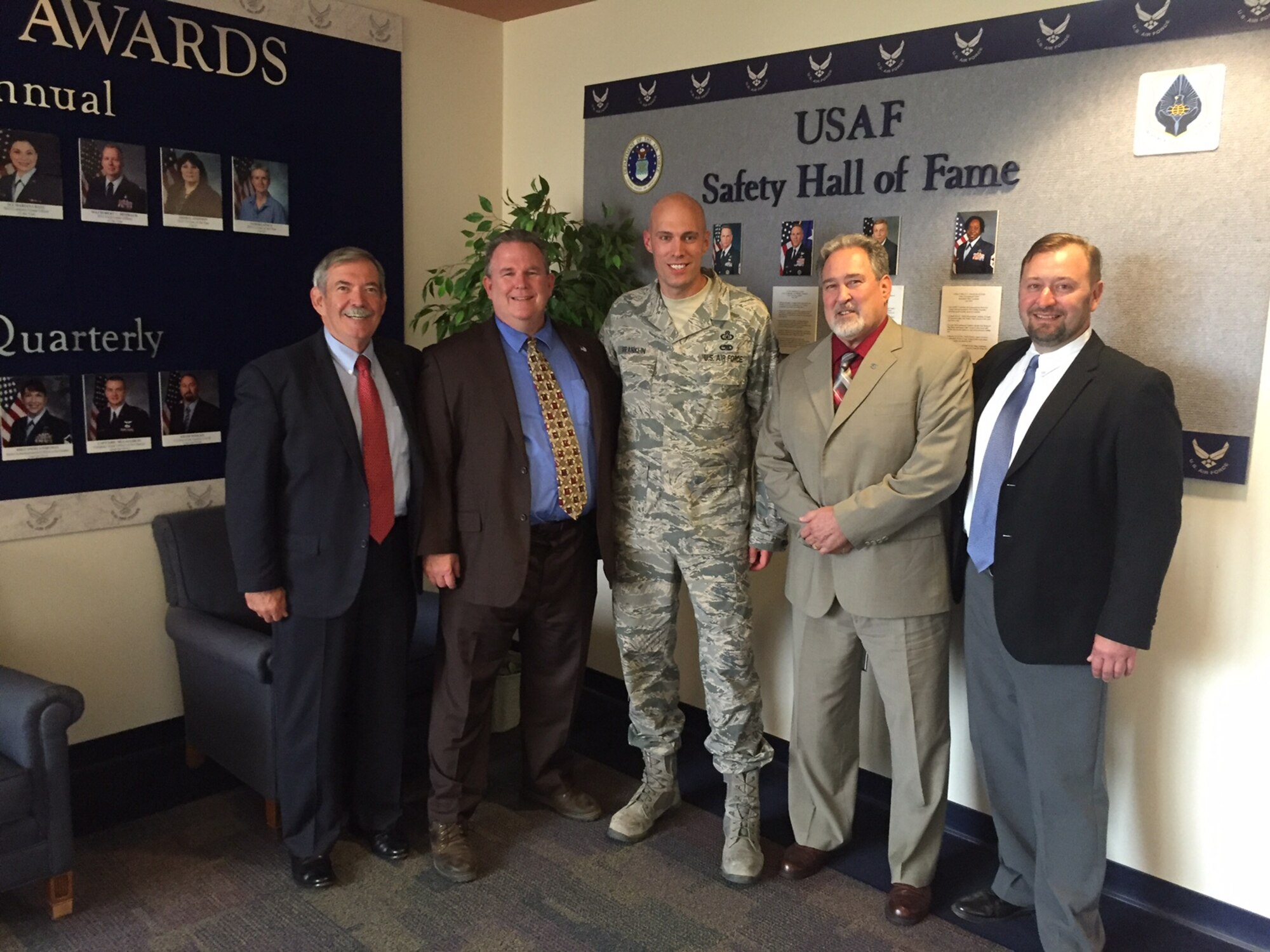 Representatives of the American Society of Safety Engineers visited the Air Force Safety Center, Kirtland Air Force Base, N.M., on Sept 7, 2016, to discuss current and future ways to collaborate on national consensus standards that affect the Air Force, as well training and development of safety professionals. Pictured from left are: Bill Parsons, chief of Air Force occupational safety; Tim Fisher, ASSE director of standards and technical services; Chief Master Sgt. Joshua Franklin, Air Force safety career field manager; Mike Ballard, deputy chief of Air Force occupational safety; and Tom Kerschner, ASSE account executive.