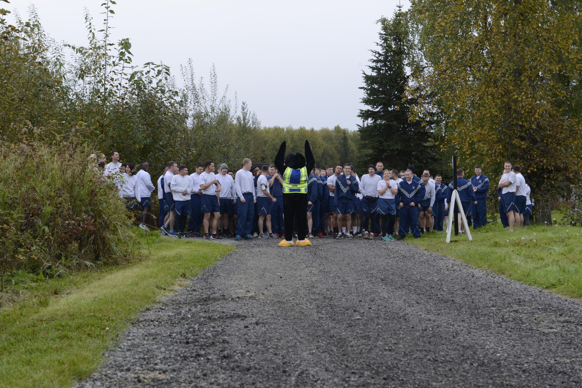 Airmen begin the Run to be Ready 5K at the Eagleglen Fitness Park at Joint Base Elmendorf-Richardson, Alaska, Sept. 9, 2016. The event was hosted to raise awareness for National Preparedness Month and emergency kits were given as prizes to the top male and female finishers.