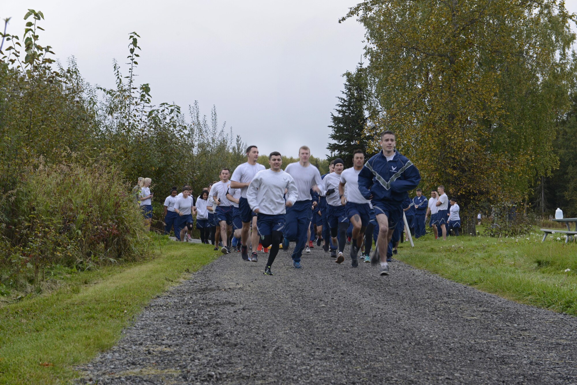 Airmen begin the Run to be Ready 5K at the Eagleglen Fitness Park at Joint Base Elmendorf-Richardson, Alaska, Sept. 9, 2016. The event was hosted to raise awareness for National Preparedness Month and emergency kits were given as prizes to the top male and female finishers.