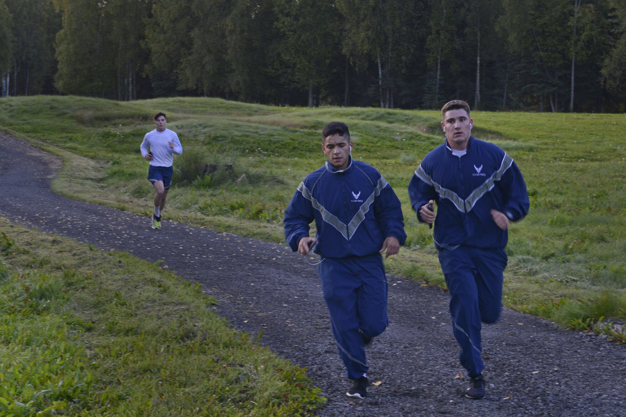Airmen participate in the Run to be Ready 5K at the Eagleglen Fitness Park at Joint Base Elmendorf-Richardson, Alaska, Sept. 9, 2016. The event was hosted to raise awareness for National Preparedness Month and emergency kits were given as prizes to the top male and female finishers.